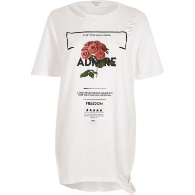 White rose print distressed boyfriend T-shirt
